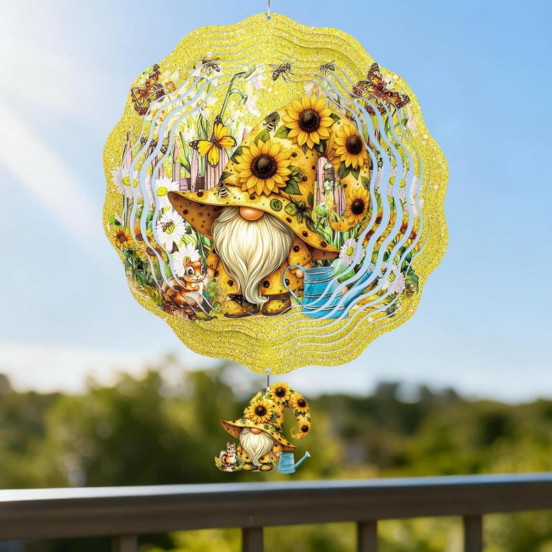 INCOK Gnomes Hanging Wind Spinner Outdoor - Gnome Gifts for Women, Stainless Steel Wind Sculpture Sunflower Art Ornaments with Card for Garden Balcony Patio Yard Lawn Decorations - Image 2